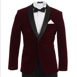 Men's Premium Slim Fit Burgundy with Black Shawl Lapel Velvet Tuxedo Jacket